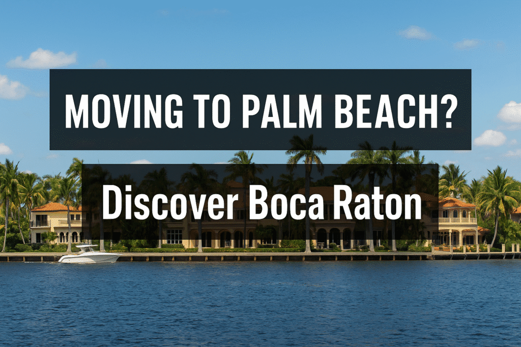 Featured blog image with bold text Moving to Palm Beach? Discover Boca Raton, showing luxury waterfront homes, palm trees, and a boat in Boca Raton Florida.