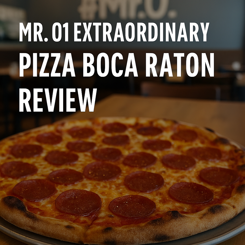 Mr. O1 Extraordinary Pizza Boca Raton with crispy wood-fired pizza and fresh salad at Mission Bay Plaza, featured in a 5-star review.