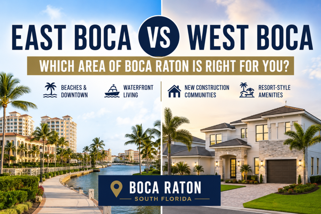 East Boca vs West Boca comparison showing Boca Raton neighborhoods, beach lifestyle, luxury communities, and new construction homes