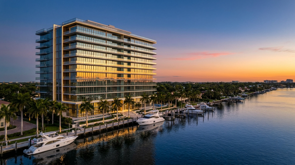 Luxury waterfront condominium tower in Boca Raton, South Florida at sunset — Boca Raton condo market 2026 buyer window