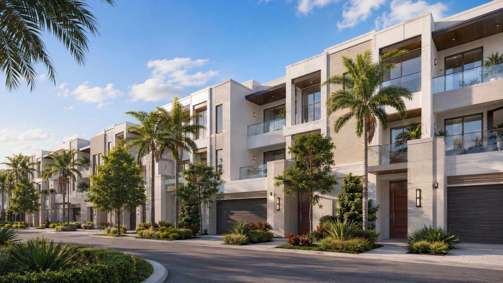 Concept illustration of two- and three-story luxury townhomes for Agave Boca by GL Homes in Boca Raton